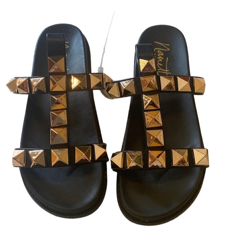 Nanette Lepore Gold Spike Stud Punk Gladiator Style Black cushioned arc support